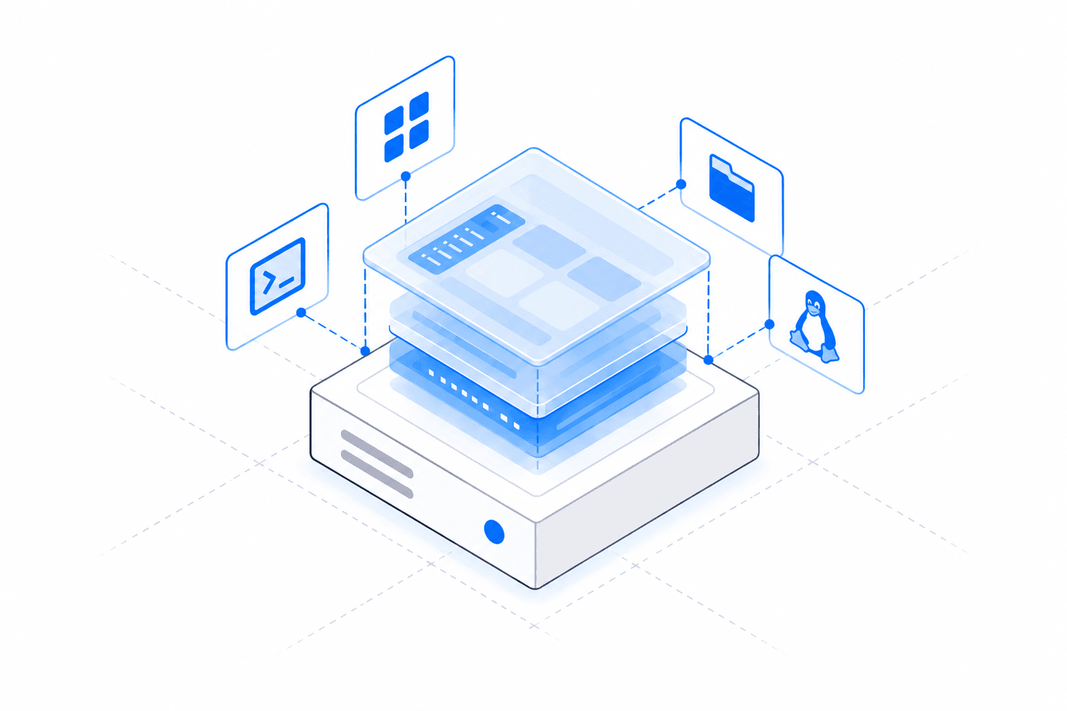 A cloud server linked to Windows, Linux, terminal and file icons