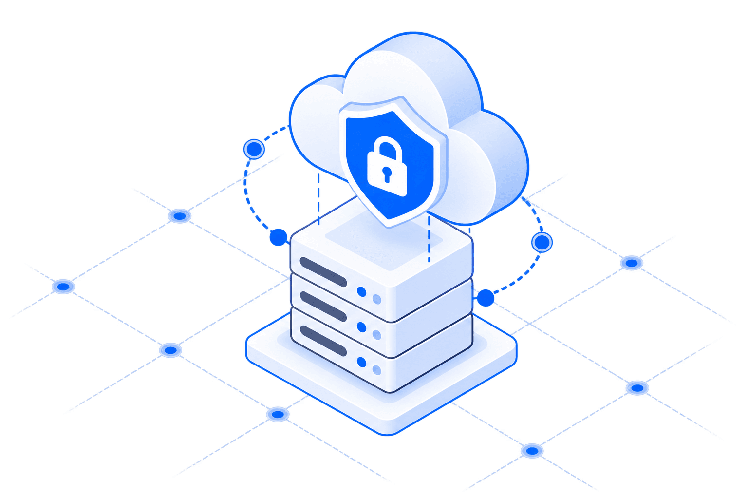 A server stack under a cloud with a padlock shield